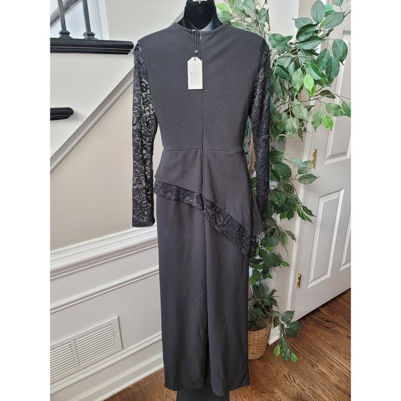 Women's Jumpsuit Small Black Lace Long Sleeve Asymmetrical Hem Wide Leg Evening - Picture 9 of 16